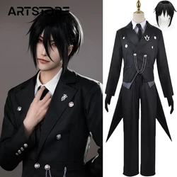 Black Butler Cosplay Costume, Anime japonais, Kuroshitsuji, Sebastian, Michaeli, Uniformes unisexes, 8 pièces avec autocollant de tatouage