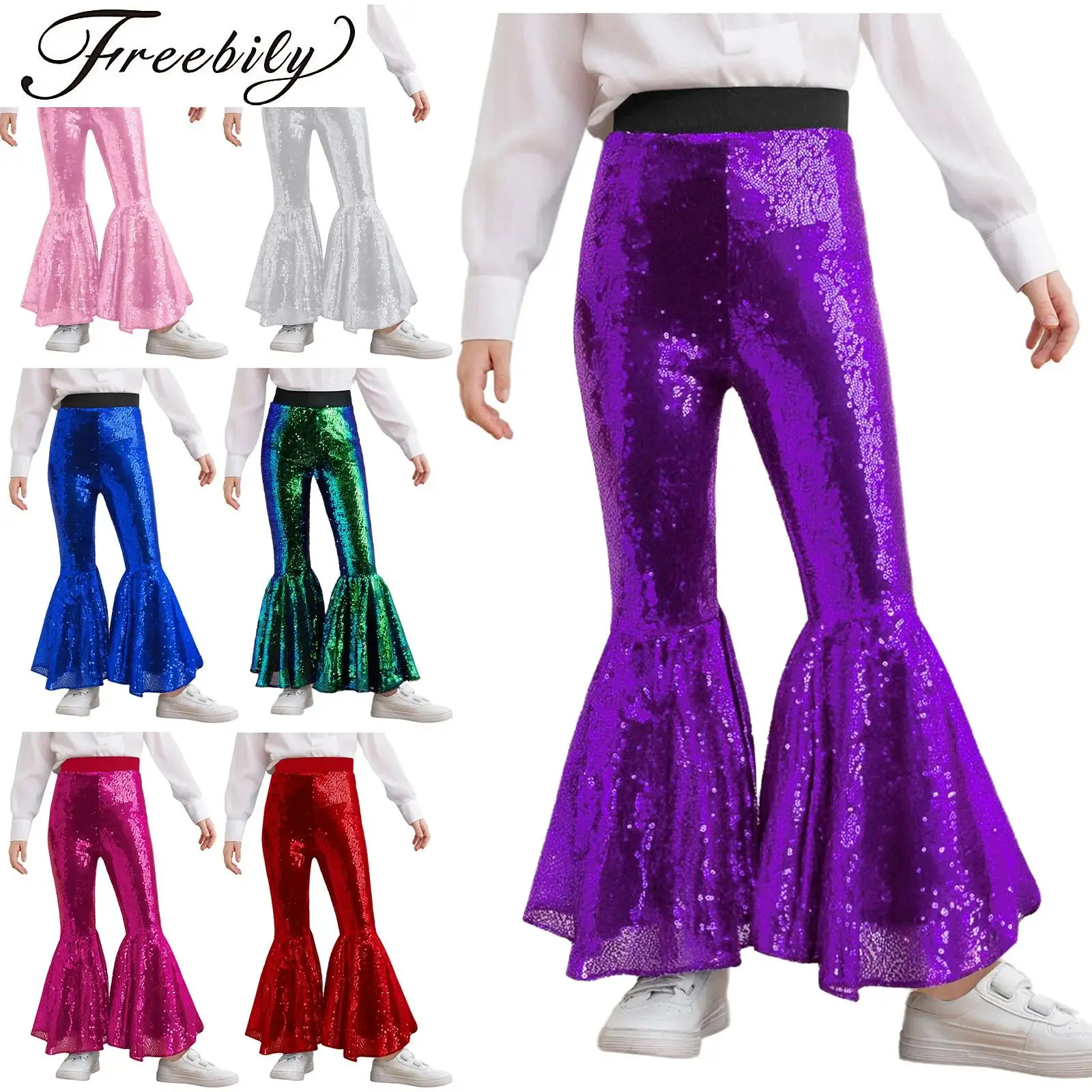

Shiny Sequin Dance Pants Girls Glitter Bell-Bottom Pants High Waist Disco Jazz Dance Flared Pants Trousers Performance Costumes