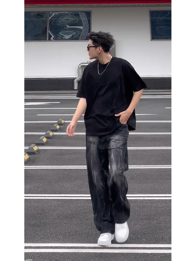 

Мужские джинсы с рисунком Bla Lightning, прямые брюки, свободный крой, повседневная осенняя мода, крутая уличная одежда в американском стиле ретро