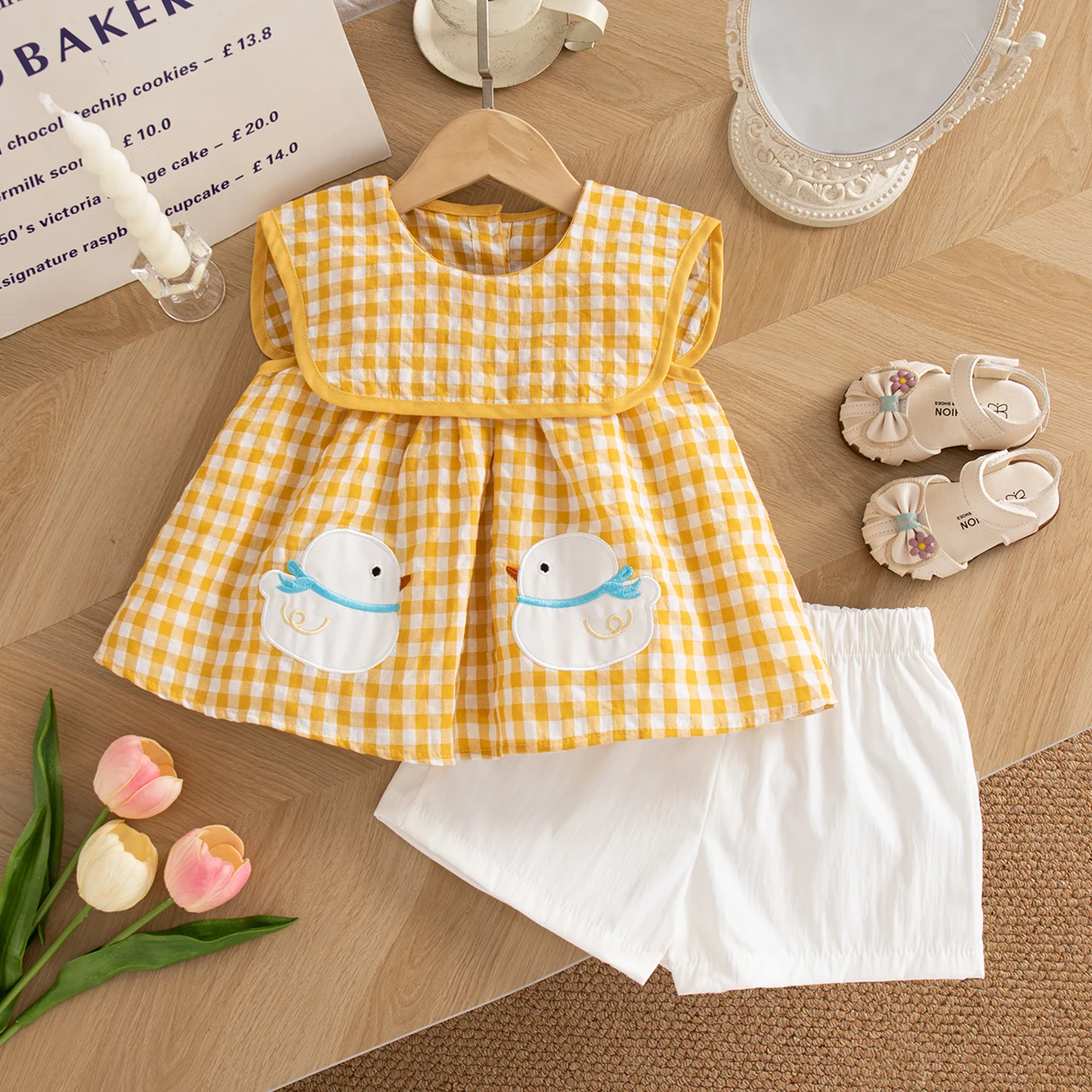 Baby Girl Cotton Suit Cartoon Embroidered Sleeveless Yellow Plaid Tops with White Shorts 2 Piece Set Summer Daily Outfit OOTD