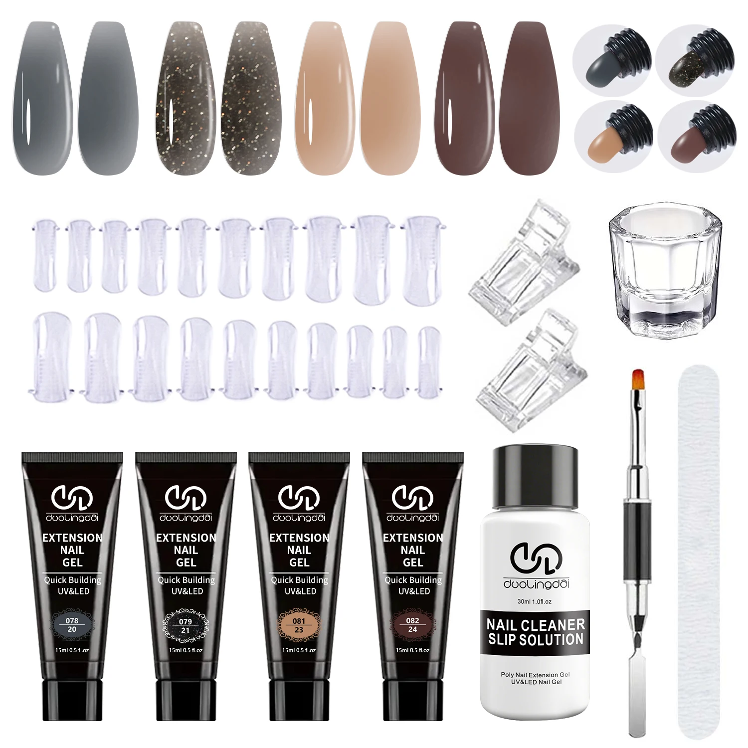 Duolingdai 4-Farben Poly-Nagelverlängerungsgel, Braun, Schwarzgrau - Männliches/Dunkles Nagelkunst-Design, Inklusive Essentieller Werkzeuge, Semi-Permanent