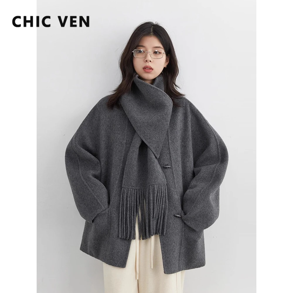 CHIC VEN Women Woolen Coats with Scarf Korean Solid Loose Split Design Double Sided Overcoats Female Clothes Autumn Winter 2025
