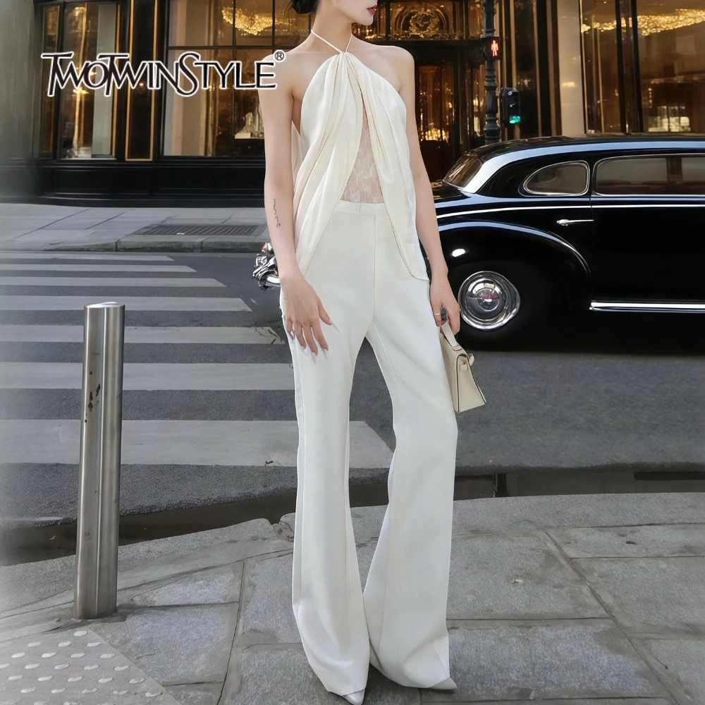 

TWOTWINSTYLE Minimalist Slimming Two Piece Set for Women Halter Sleeveless Spliced Lace Sheer Vest High Waist Pant Sets Female