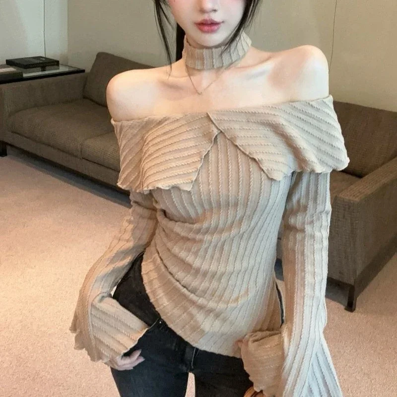 

Необычные короткие пуловеры с разрезом на шее и расклешенными рукавами, однотонные весенне-осенние женские свитера, корейская мода, Pull Femme