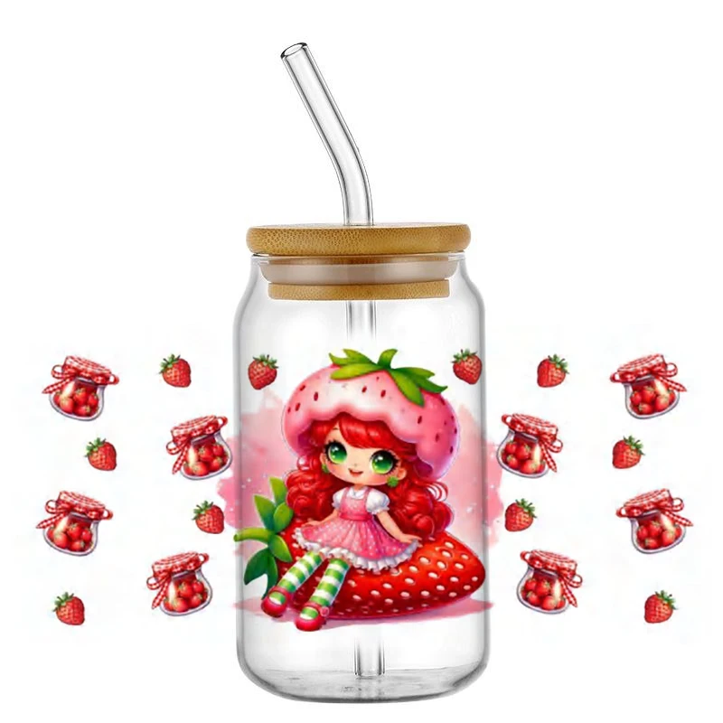 Cute Strawberry Girl Decal 3D Washable UV DTF Transfer Sticker Waterproof Transfers Decals for 16oz Glass Cup Wrap Stickers