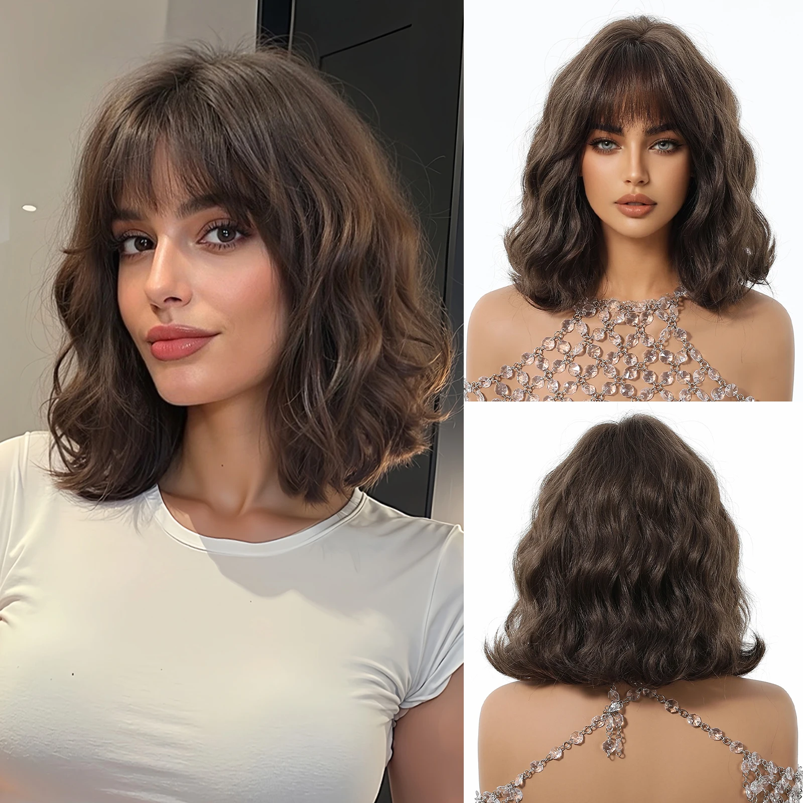 TopShe Dark Brown Bob Wig Short Wave Synthetic Wig with Bangs for Woman Heat Resistant Fiber Black 10th Short Shoulder Length Curly Wig Suitable for Daily Wear Cosplay Party Costume Natural Looking Soft Full Wigs for Women Girls