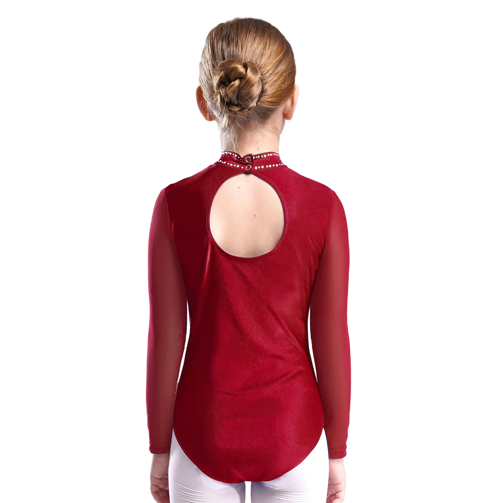 Kids Girls Figure Skating Performance Leotard Long Sleeve Rhinestone Sheer Mesh Bodysuit for Ballet Dance Gymnastics Acrobatics