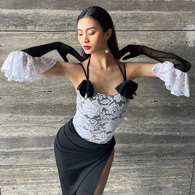 

White Lace Suspender Tops Ballroom Dance Clothes Women Latin Dance Performance Dresses Cha Cha Rumba Smaba Dance Costume BL11302