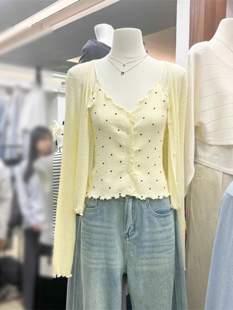 

Korean Fashion Two Piece Set Polka Dot Single Breasted Tanks+solid Color Long Sleeve Cardigan Knit Tops All Match Women Clothing