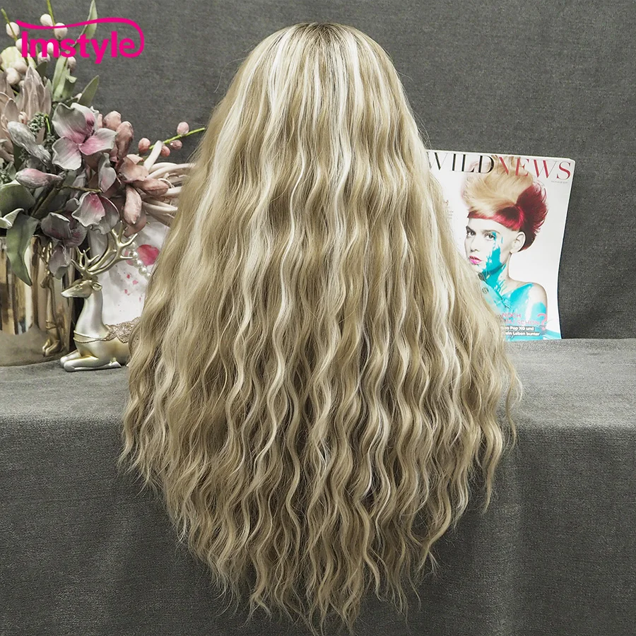 Imstyle Synthetic Lace Front Wig Curly Long Lace Wig Brown Blonde Highlight Heat Resistant Fiber Daily Wig for Women