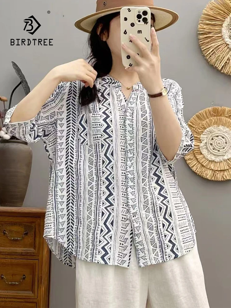 

New 2025 Summer Cotton Half Sleeve Shirt, Women V Neck Print , Mori Girl Bohemian Style Casual Versatile Loose Blouse T56422CC