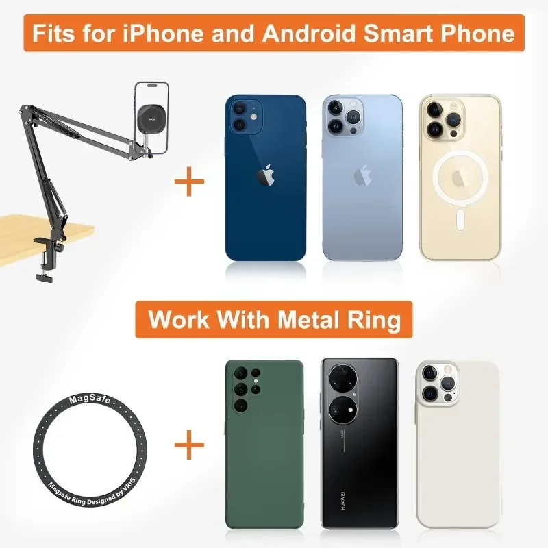 VRIG MG-09 Desktop Overhead Magnetic Phone Mount Stand Flexible Clip-on Tabletop Phone Stand for iPhone 15/14/13/12 Vlog Live