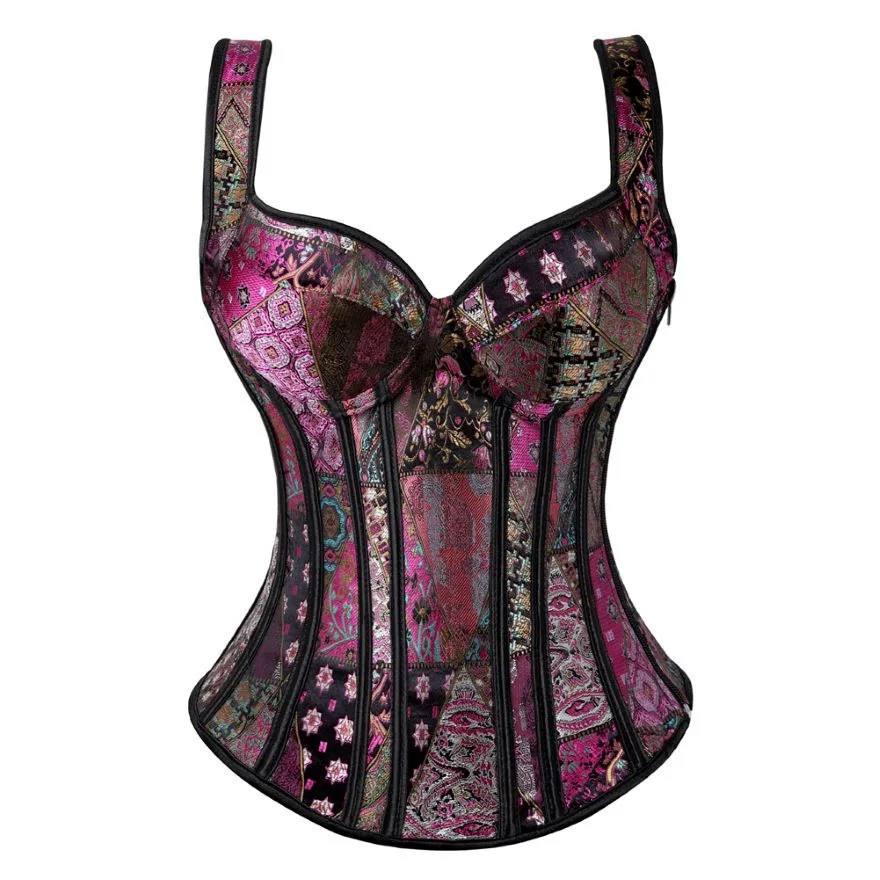 Vintage Jacquard Corset with Adjustable Shoulders, Side Zip Entry & Bust Support