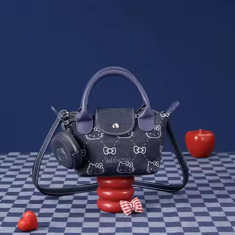 New Spring Hello Kitty Denim Print Handbag Cute Mini Dumpling Crossbody Bag For Women Girls Fashion Shoulder Purse Gift Idea