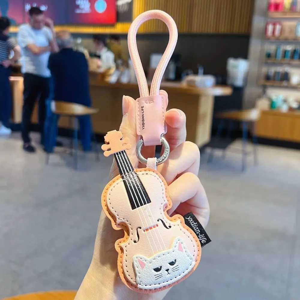 PU Leather Leather Keychain Black Cat Piano Shape Musical Instrument Keychain Guitar Shape With Lanyard Guitar Keyring - view 3