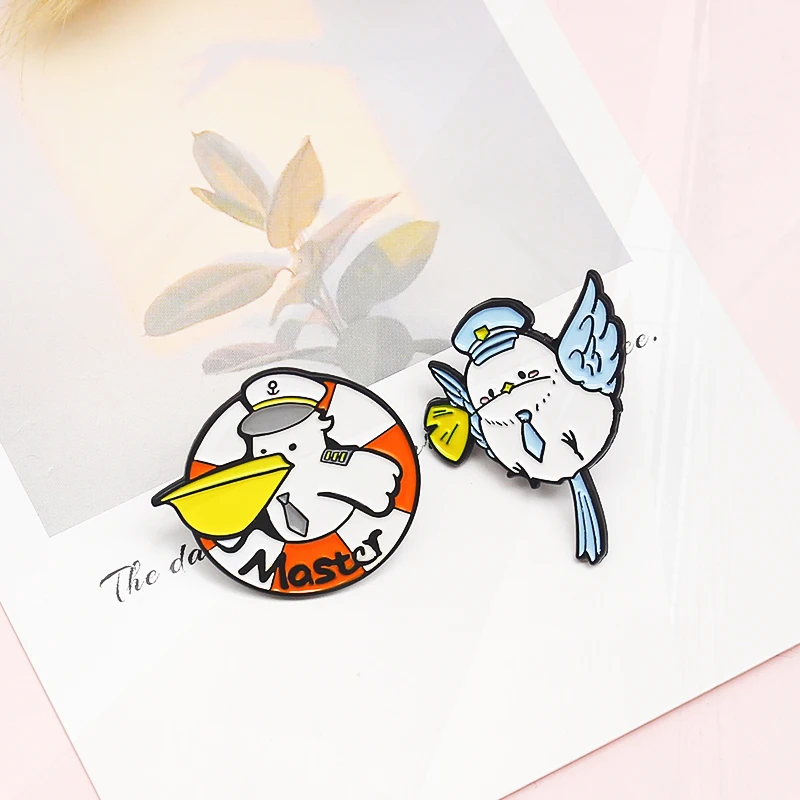 pigeon Master Captain Seaman Birds Pin Lapel Badge Jewelry Gift for Kids Cartoon Bird Seabird Pelican Enamel Pins Blue Carrier