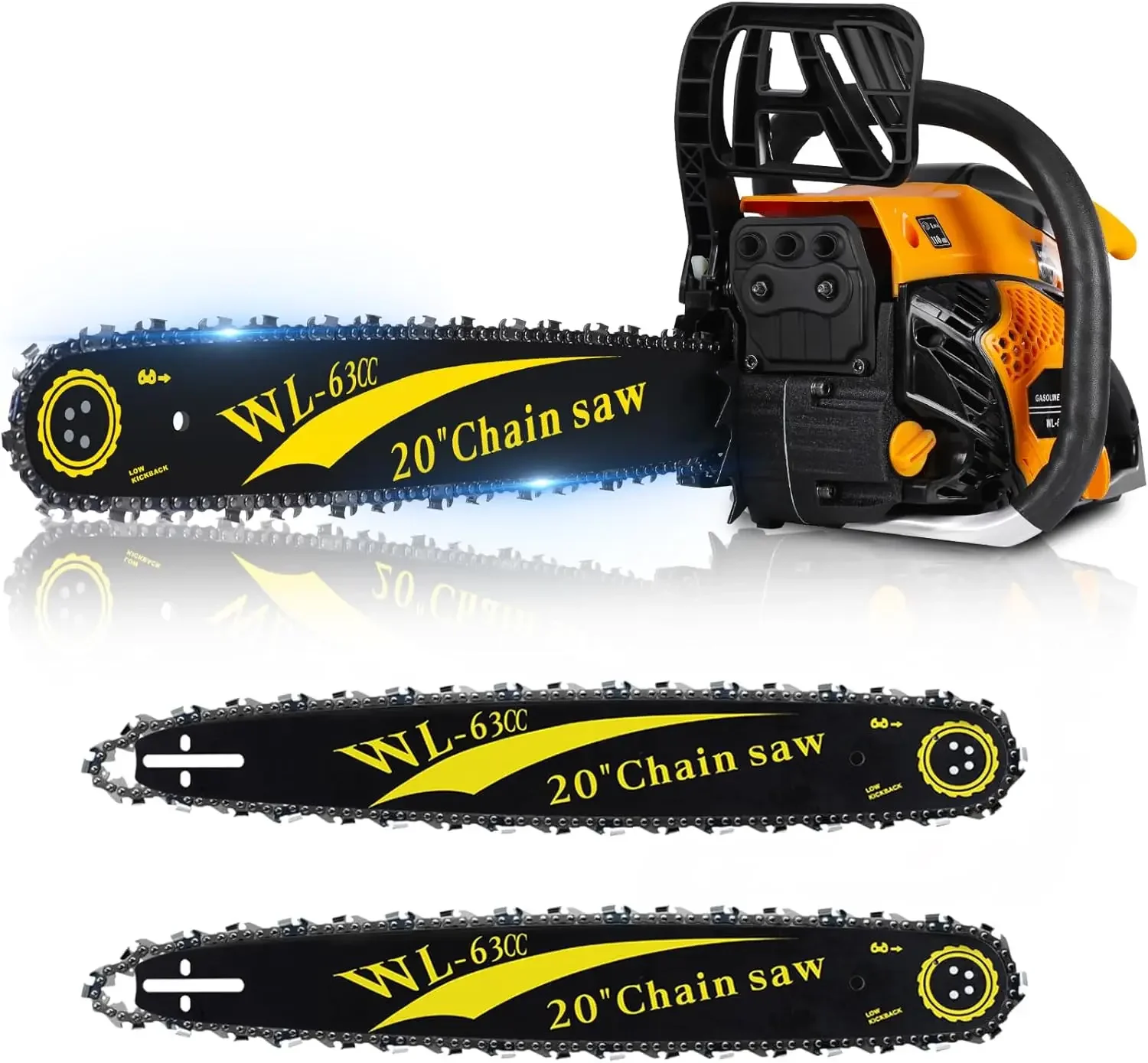 

63CC Gas Powered Chainsaw 20 Inch, 2-Cycle Engine with 2 Chains & Bars, Heavy Duty Gas Chain Saw for Tree Felling, Logging, and