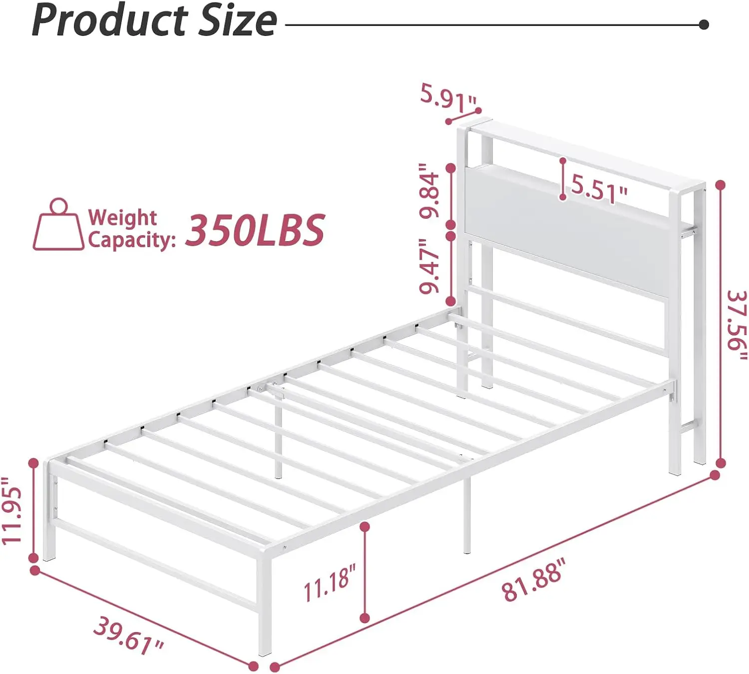 Twin Bed Frames Kids Twin Size Bed 2 Tiers Wood Shelves Headboard Heavy Duty Metal Platform Girls Adults No Box Spring Needed Ea