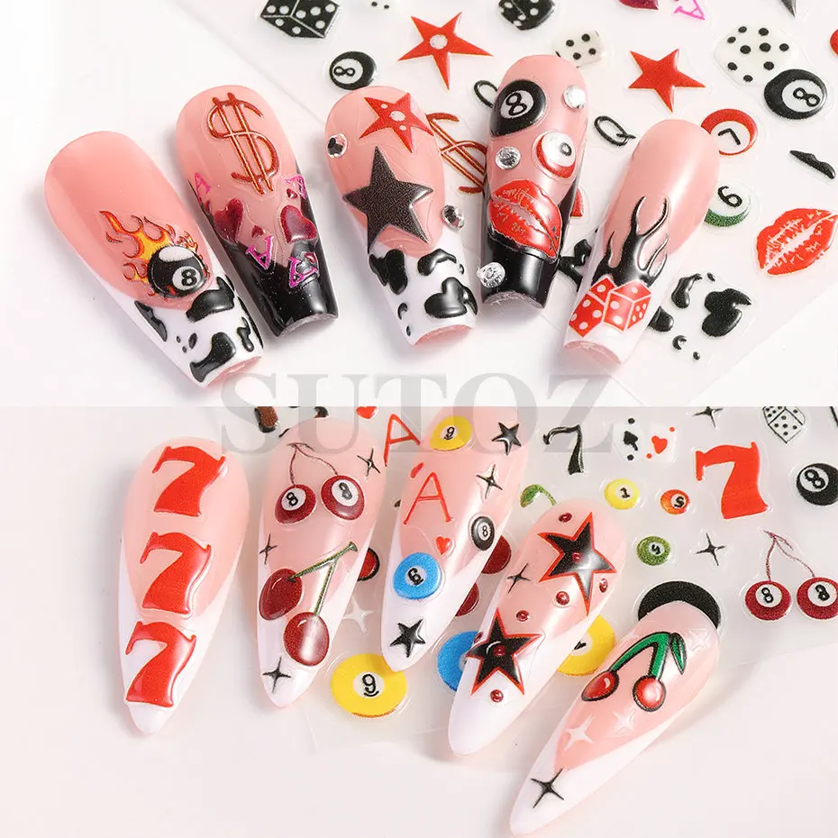 1pcs Cherry NO.8 Black Billiards Ball Nail Art Stickers Lucky Seven Dice Poker Stars Leopard Flame Pool Ball DIY Manicure Decals