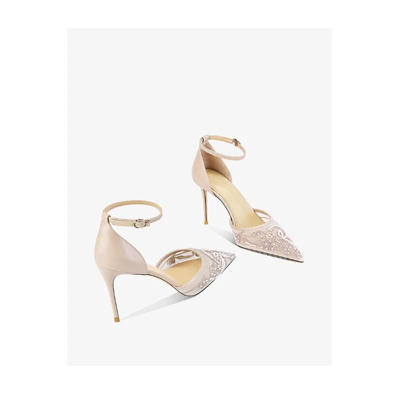 

Lace Mesh Bag Head Sandals Women's One-word Buckle Pointed High Heels Women