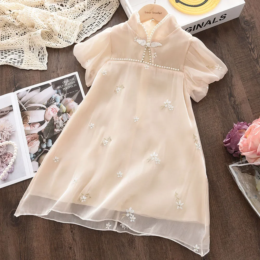 Summer Fashion 2-7Years Girl Cheongsam Embroidered Pearl Bubble Sleeves Princess Dress Casual Mesh Kids Clothes