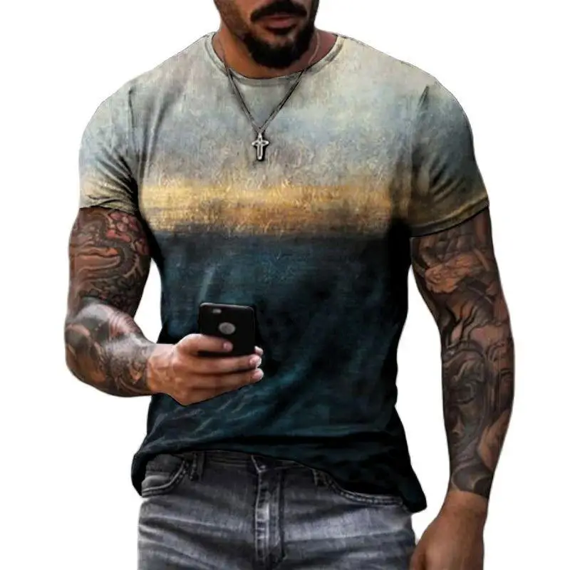 Men Geometric Circle Splicing Print Crew Neck Short Sleeve Tee Multi Color Casual Shirts