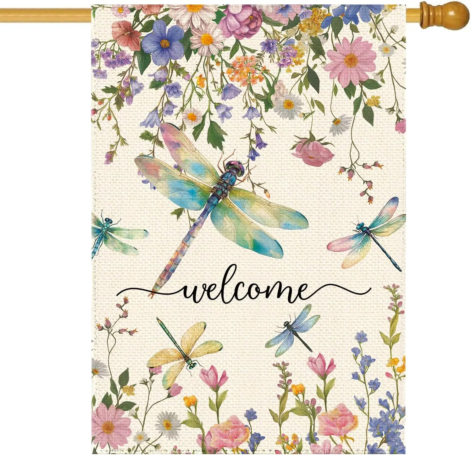 Spring Summer Dragonflies Wildflowers Welcome House Flag 28 x 40 Inch Double Sided, Watercolor Floral Large Yard Garden Flag PPM