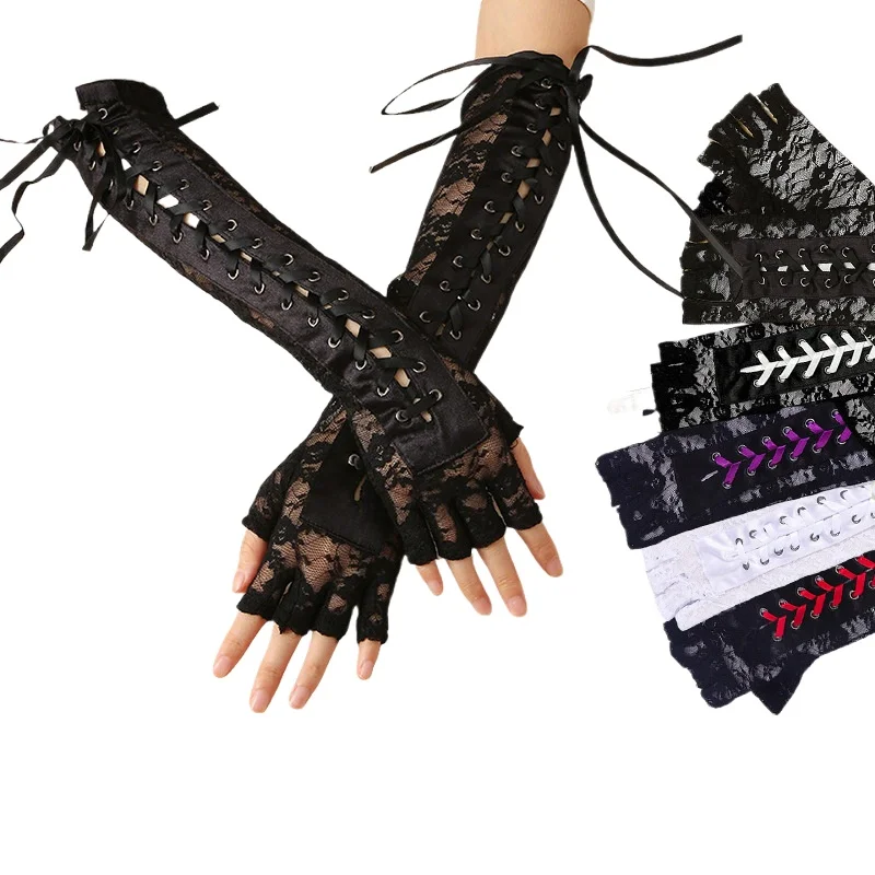 Guantes sexys de encaje para mujer, guantes de medio dedo, muñequeras de manga larga con lazos de cinta para actuaciones en escenario, decoración punk para fiestas de Halloween