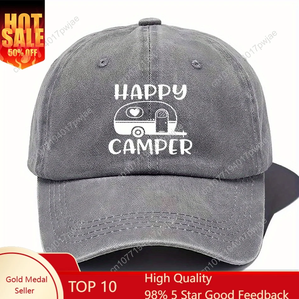 

Men's Lightweight Baseball Cap with Happy Camper Graphic & Vintage Trailer Design - Casual Outdoor Hat for Camping, Hiking, Trav