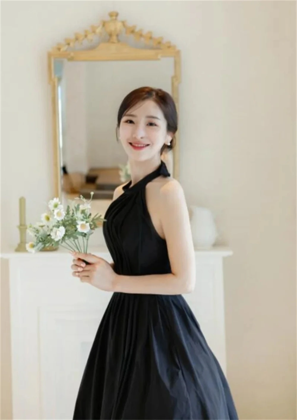 ZHUISHU-vestidos de noche sencillos con cuello halter, color negro, Tafetán, sin espalda, sin mangas, personalizados, corte en A, para mujer de Corea
