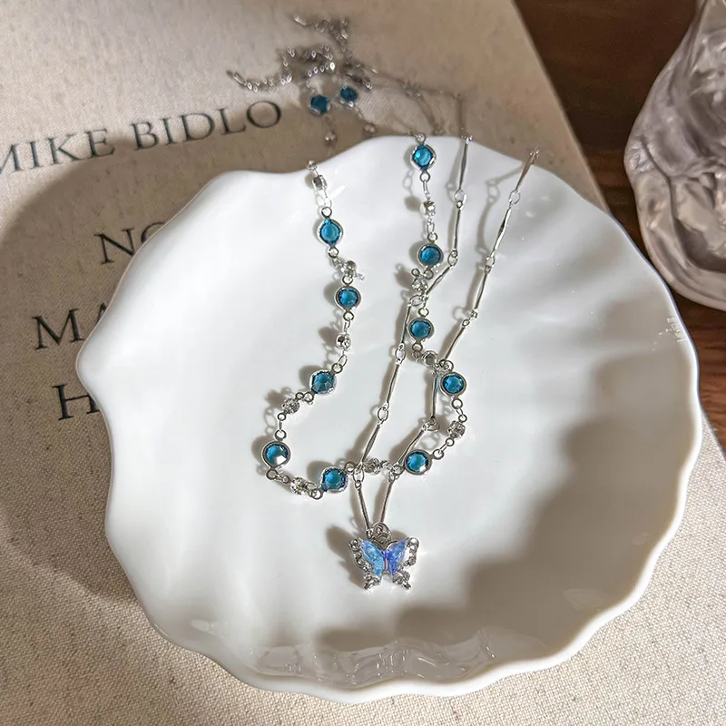 Double Layer Rhinestone Necklace Blue Butterfly Pendant  Collarbone Choker Beach Vacation Trendy Elegant Jewelry for Women
