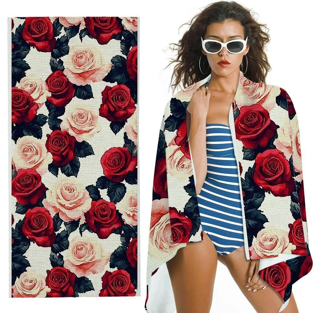 

Microfiber Beach Towel 2D Flat Printed Vintage Rose Flower Pattern Sand Free Quick Dry Bath Towel For Summer Holiday Travel Pool