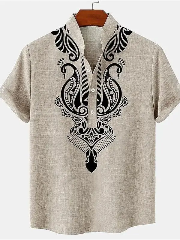 

Men's Retro Patchwork Color Stand Collar Printed Shirt Fashion Urban Style Short Sleeve Polyester Polyester Fiber Shirt