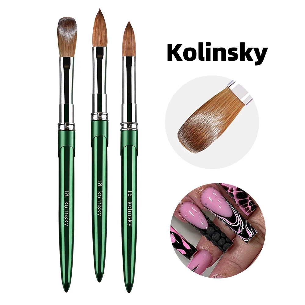 100% Kolinsky acrylique brosse à ongles conception vert poignée en métal manucure professionnelle bonne qualité pour vernis poudre taille 2 # -18 #