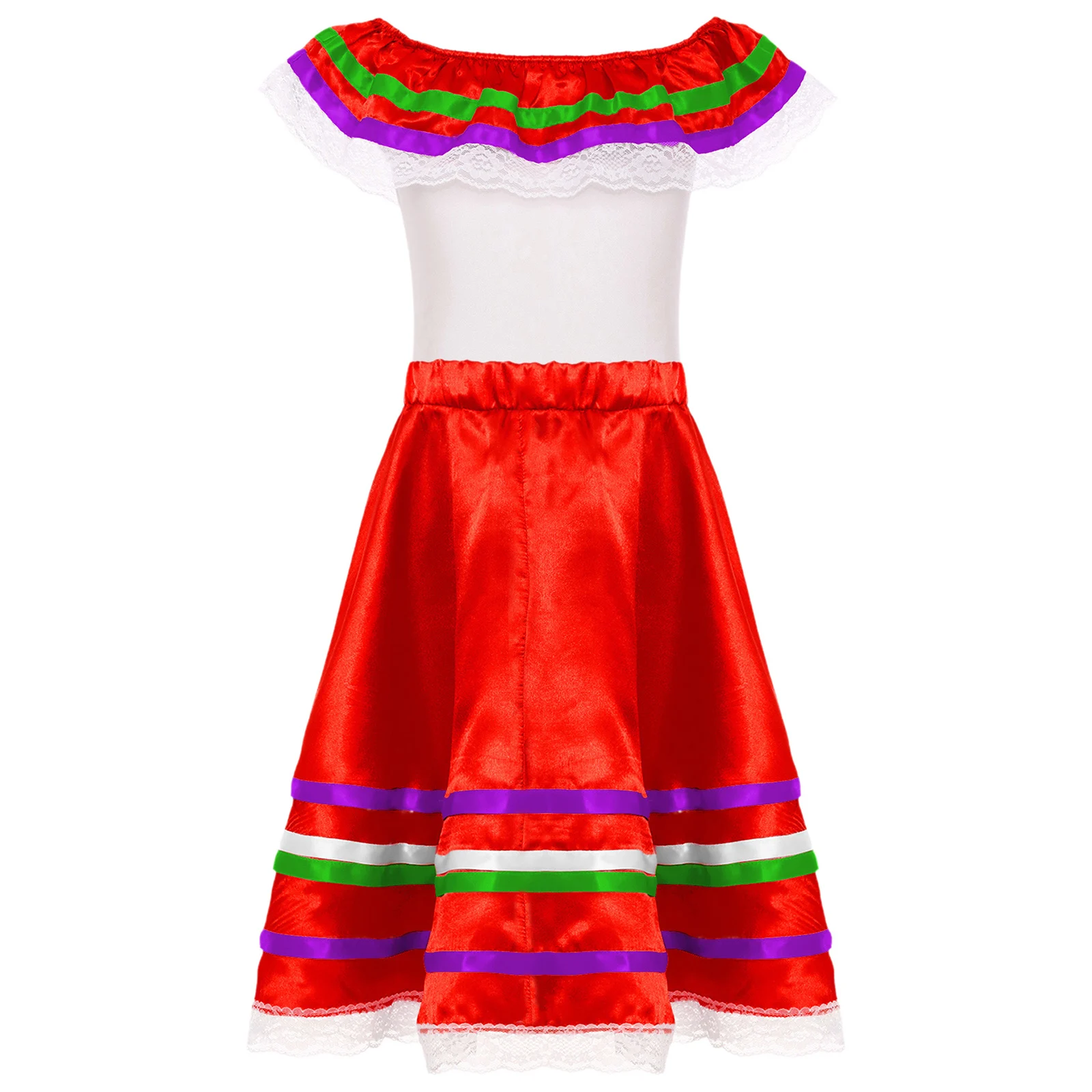 Girls Mexican Flamenco Dance Dress Outfit Off Shoulder Ruffled Top with Skirt for Mexican Carnival Parties Performance Outfits view 5