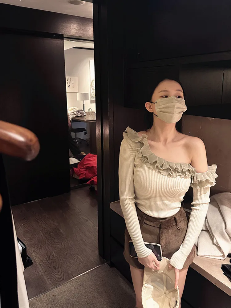 

MadmanM Gentlewoman's Knitted oulder Bared Sweater Women's Faion Slim Fit Long Sve Lace Trim Casual Spring Wear