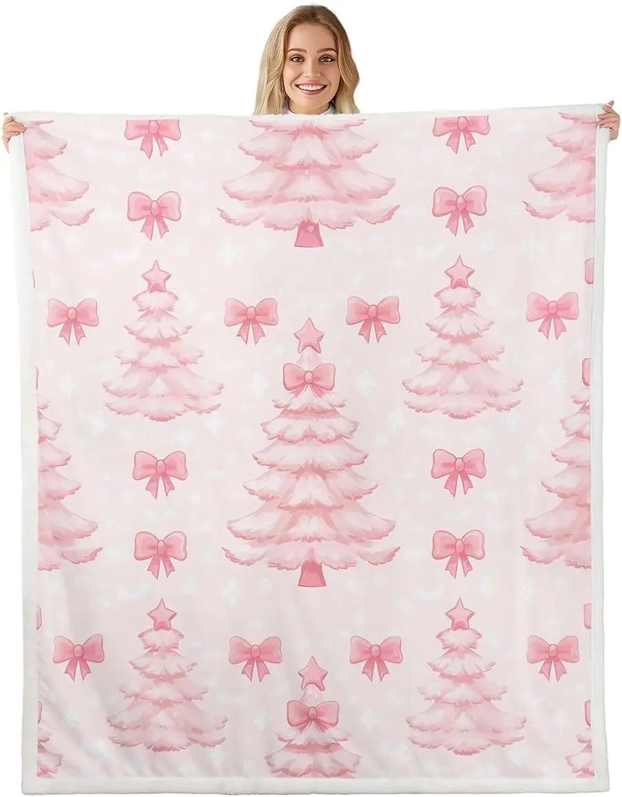 Merry Christmas Sherpa Throw Blanket for Couch Pink Bowknot Super Soft Cozy Fleece Christmas Tree and Snowman Blanket for Winter