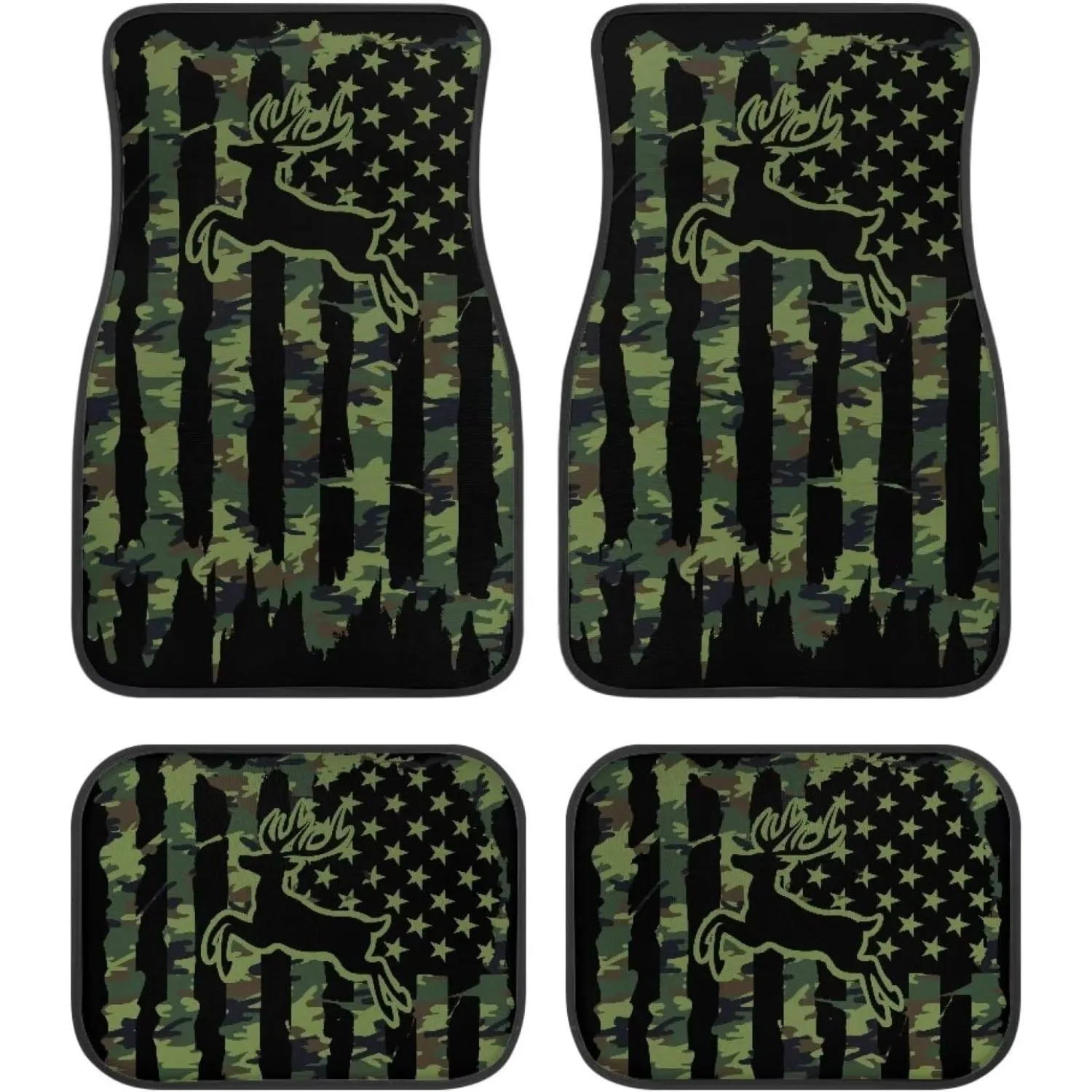 American Flag Camo Deer 4pcs Car Floor Mat Set For Front And Rear, All-Weather Protection With Anti-Slip Design, Universal Fit