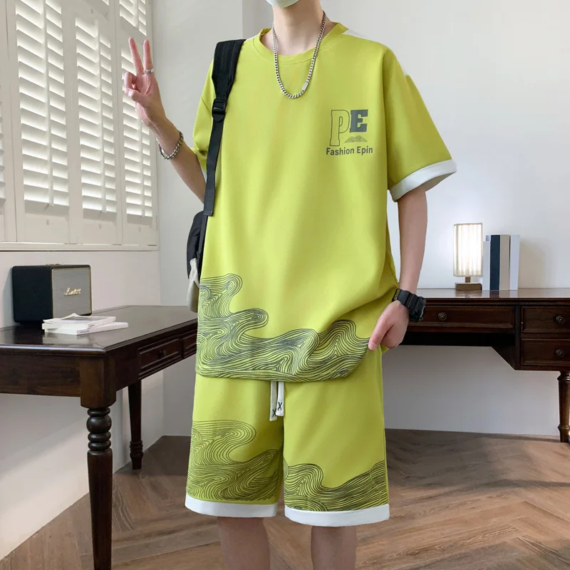 

Summer Men's Casual Sports Suit Plus Size Loose Handsome Sportswear Set Round Neck Short Sleeve T-shirt Shorts Two Piece Set