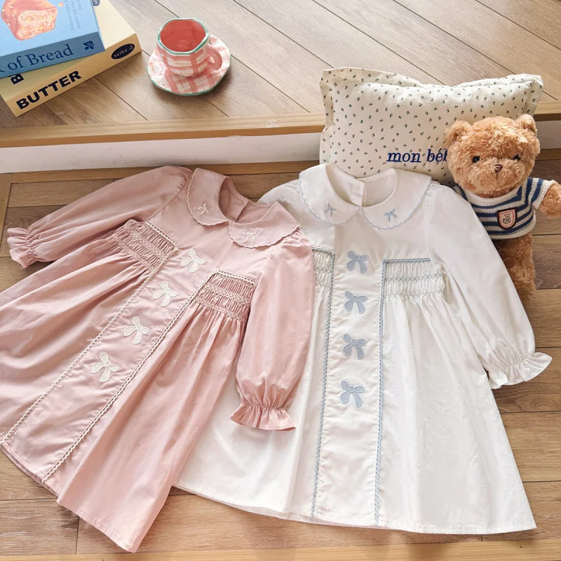 

2025Girls' Spring and Autumn New French Style Heavy Embroidery Bowknot Gathered Long Sleeve Pure Cotton Elegant Princess Dress