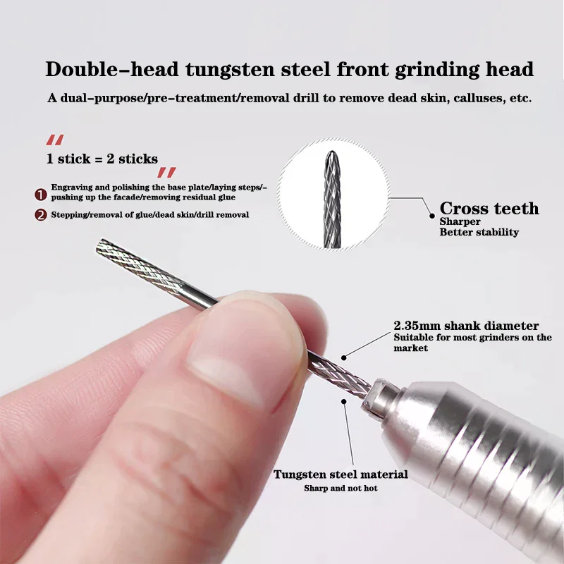 Multifunction Under Nail Drill Bit Double Ends Tungsten Carbide Sharp Nail Gel Cuticle Remover For Nail Preparation