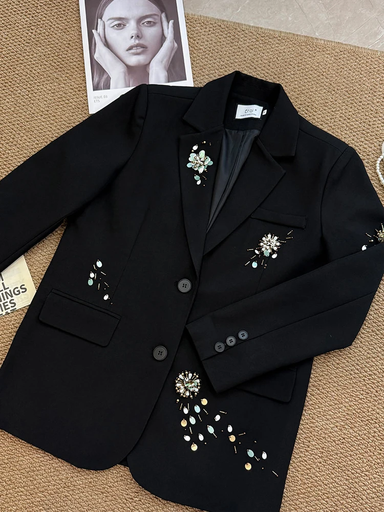 Blazer con perline con paillettes da donna di lusso Nero Primavera Autunno Giacca monopetto allentata di alta qualità 2026 Nuovo INKEO 5O117