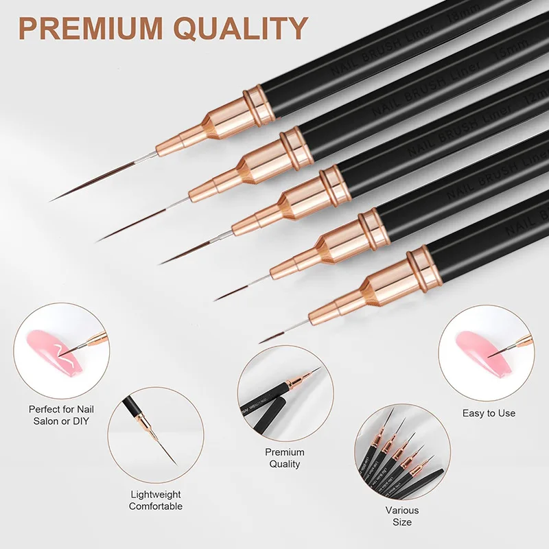 

5 шт., профессиональные вкладыши для дизайна ногтей, кисти для полосок, инструмент, ультратонкая линия, кисти для рисования деталей, маникюрные ручки, инструменты