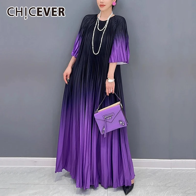 

CHICEVER Pleated Tie Dye Long Dress For Ladies O Neck Flare Sleeve Elegant Luxury Loose Waist Large Size Dresses Female Fashion