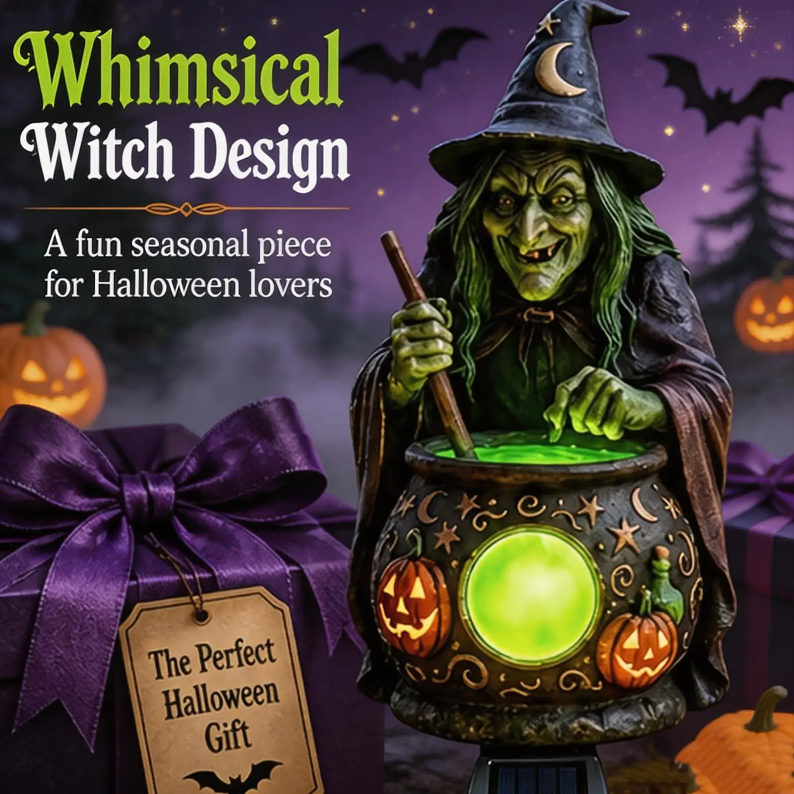 Halloween Witch Light Solar Powered Cauldron Green LED Witch Stake Halloween Outdoor Decorations For Courtyards Party School