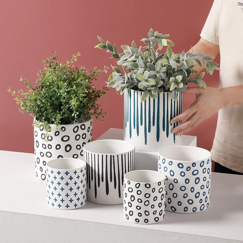 Modern Nordic Ceramic Flower Pot Living Room Interior Countertop Vase Simple Geometric Pattern Flower Plant Flower Pot Gardening