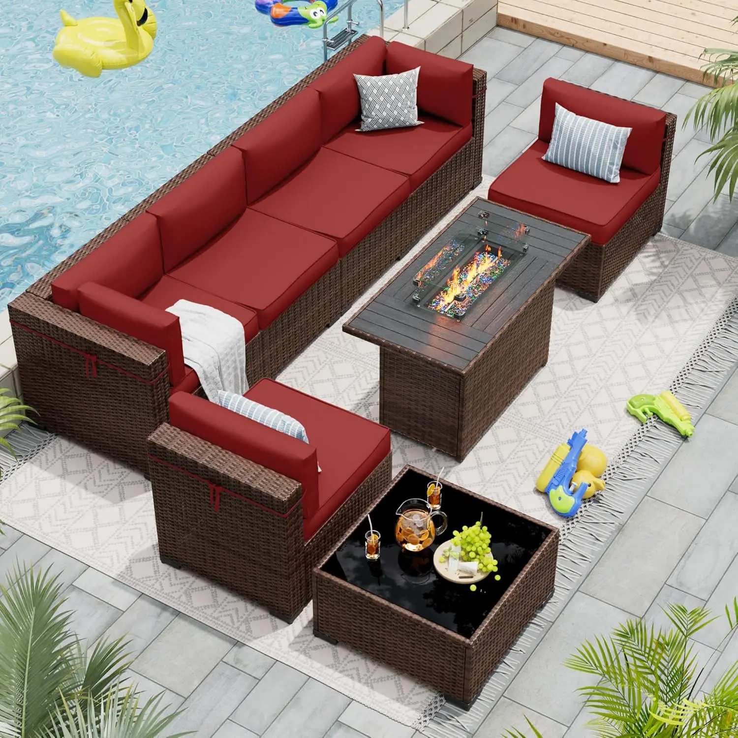 Patio Furniture Set with Propane Gas Firepit Table, Outdoor Sectional Conversation Sets with High Back, Wine