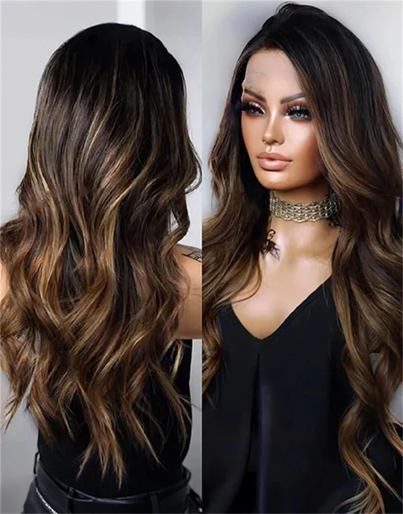 

Парик с предварительно проработанной линией роста волос, омбре, темно-коричневый, на кружевной основе, мягкий, длинный, с эффектом волны, высококачественный синтетический парик, реалистичный парик, безклеевой парик