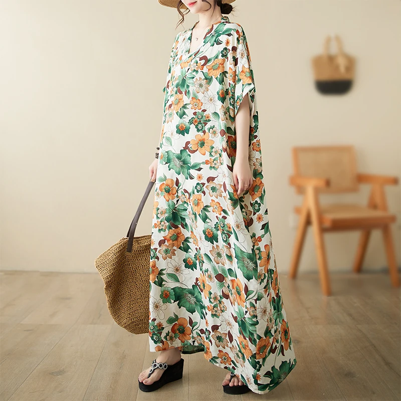 Rok A-Line Katun Linen Longgar Model V-Ne, Lengan Kelelawar, Gaya Pantai Vintage, Ukuran Besar, Santai Musim Panas, Manis