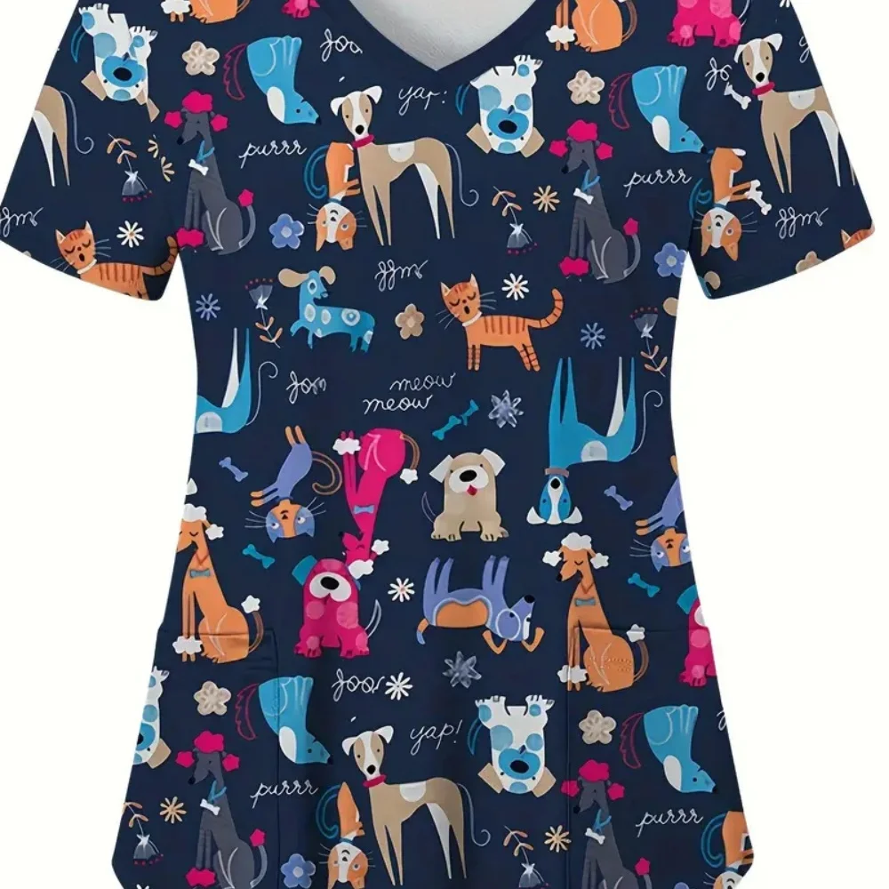 Medical Nursing Uniform Women’s Stretch Ombre Print V-Neck Short Sleeve Tops Pocket Medical Clothing for Women Hospital Uniform